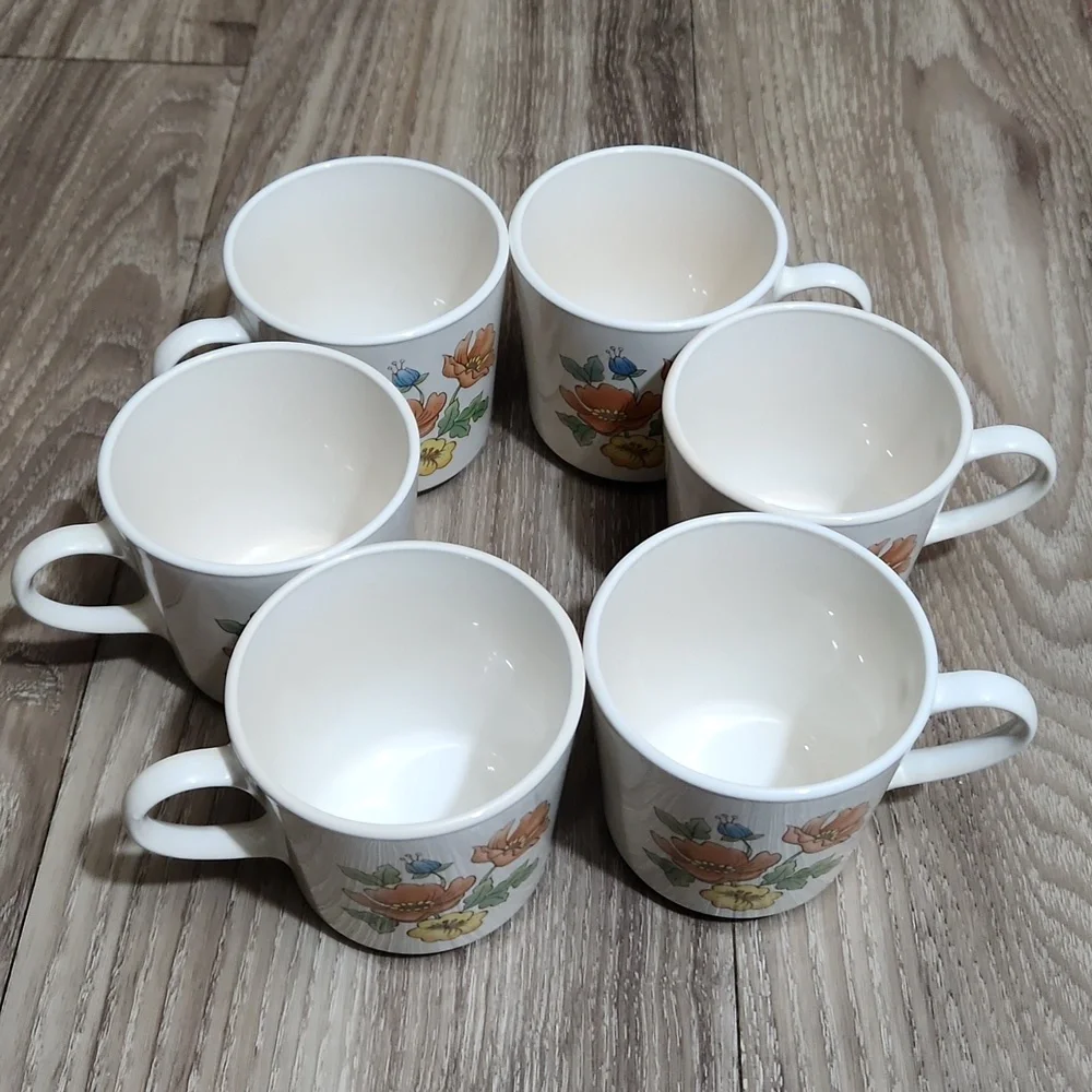 70's Corning Cornerstone Vintage Royal Garden 6 Piece Ceramic Mug Set Floral VTG